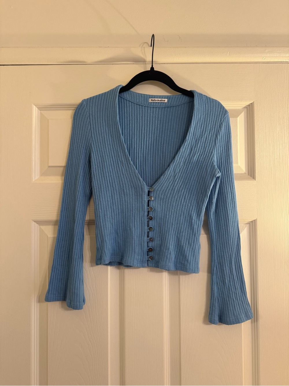 Reformation Light Blue Ribbed V-Neck Button Front Top - Picture 2 of 9